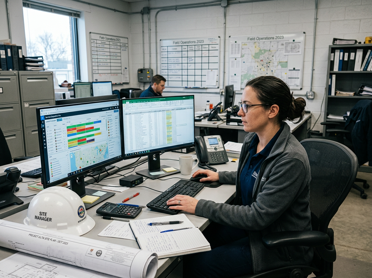 Operations coordinator reviewing a job schedule and spreadsheets on two monitors