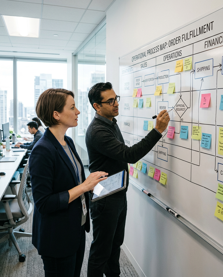 Consultants mapping an order fulfillment process on a whiteboard