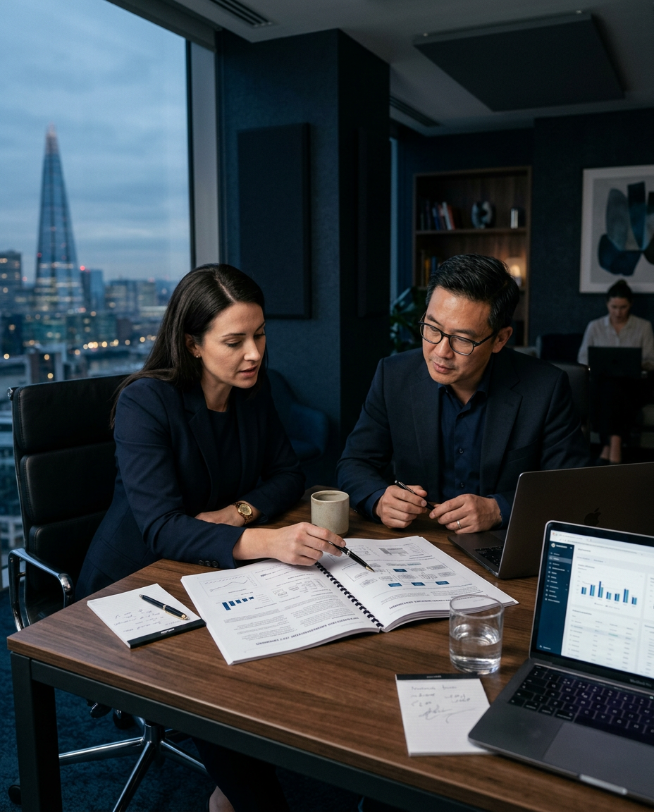 Two consultants reviewing a printed workflow assessment document at a conference table