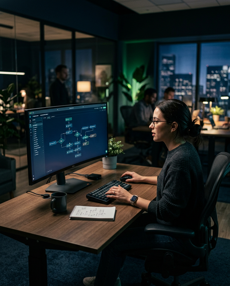Person building an automated approval workflow on a widescreen monitor