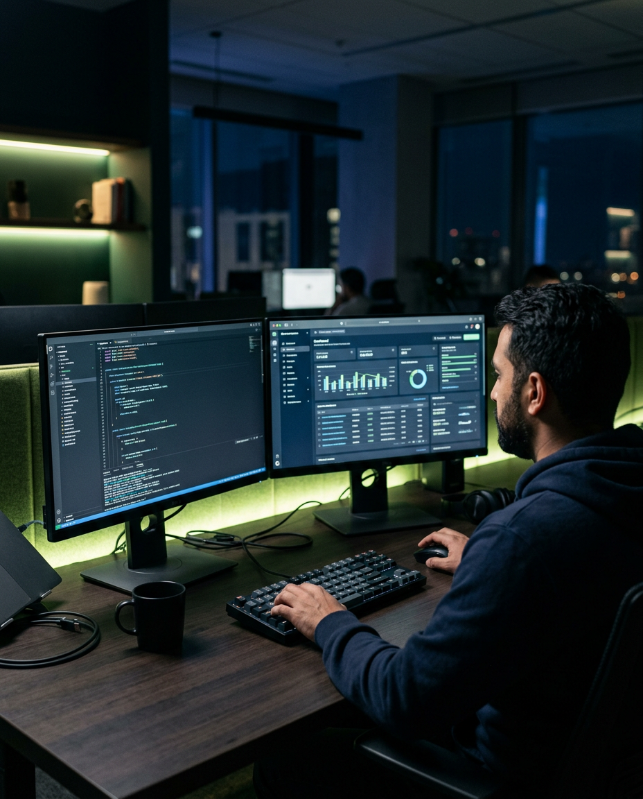 Developer working on a custom internal business application on two monitors