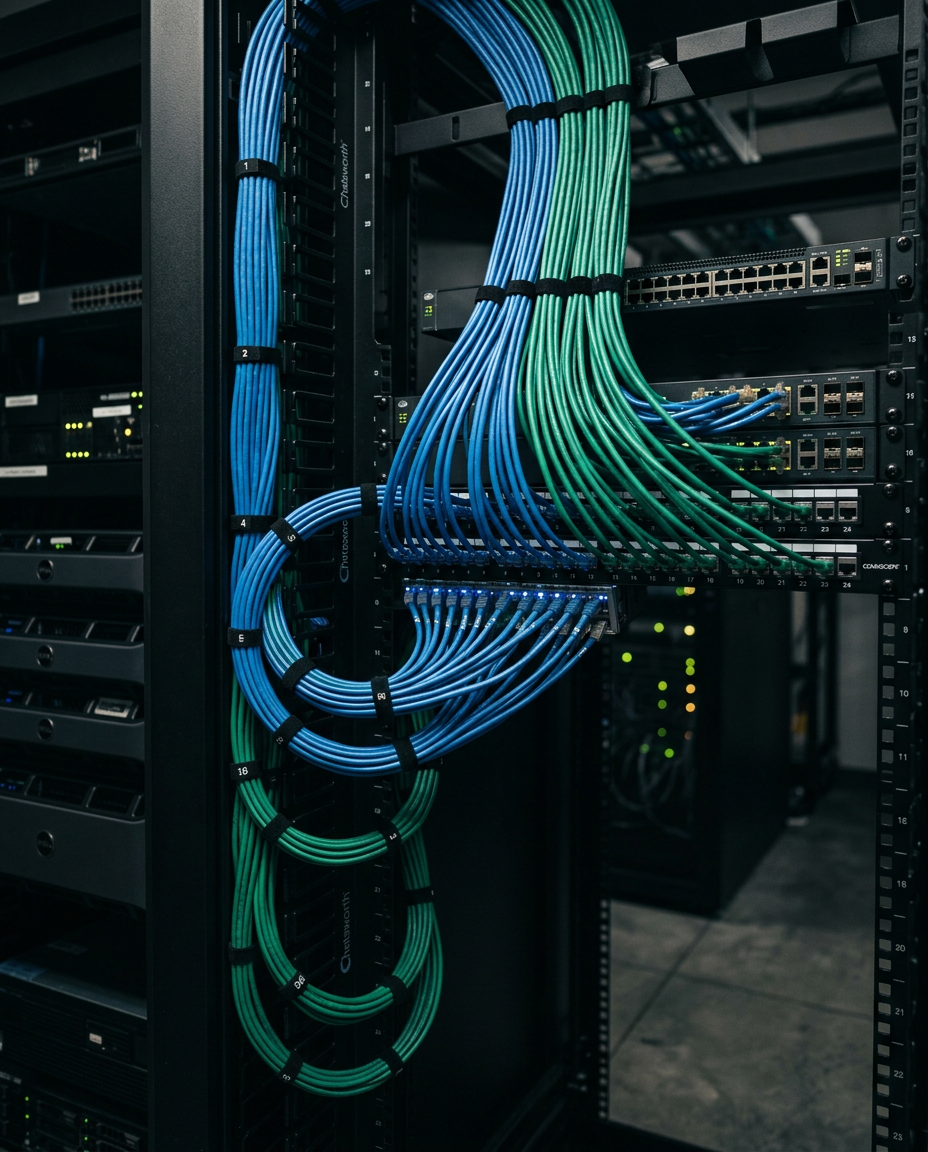 Neatly organized network patch panel and cabling in a server rack