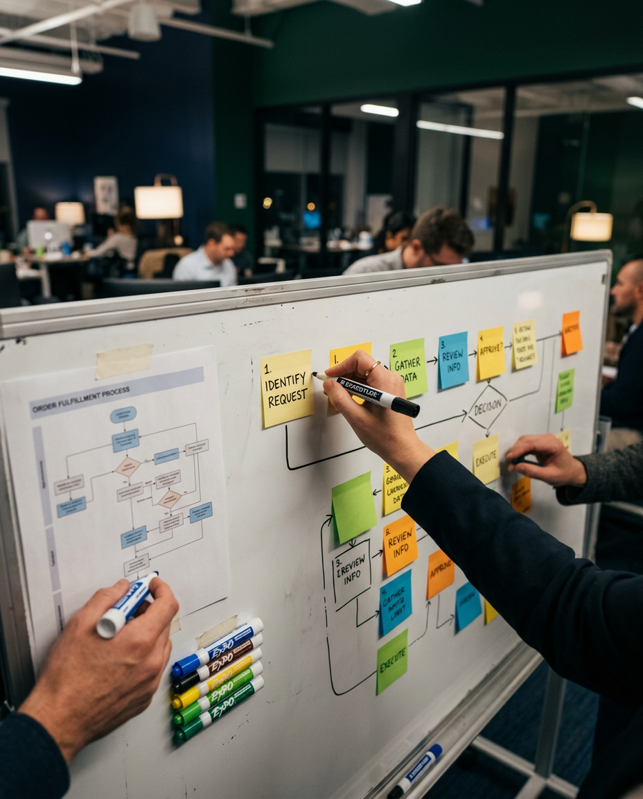 Hands drawing a process flow diagram with sticky notes on a whiteboard