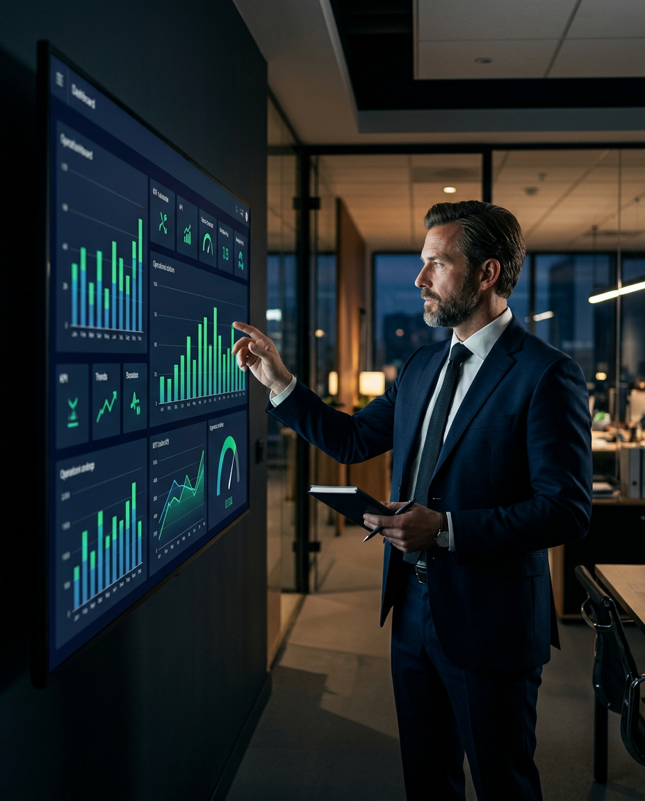 Manager reviewing an operational reporting dashboard on a large screen